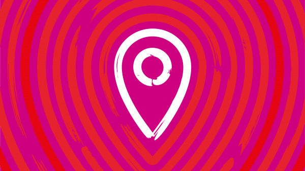 Weißes Standort-Icon auf pinkem und roten Hintergrund