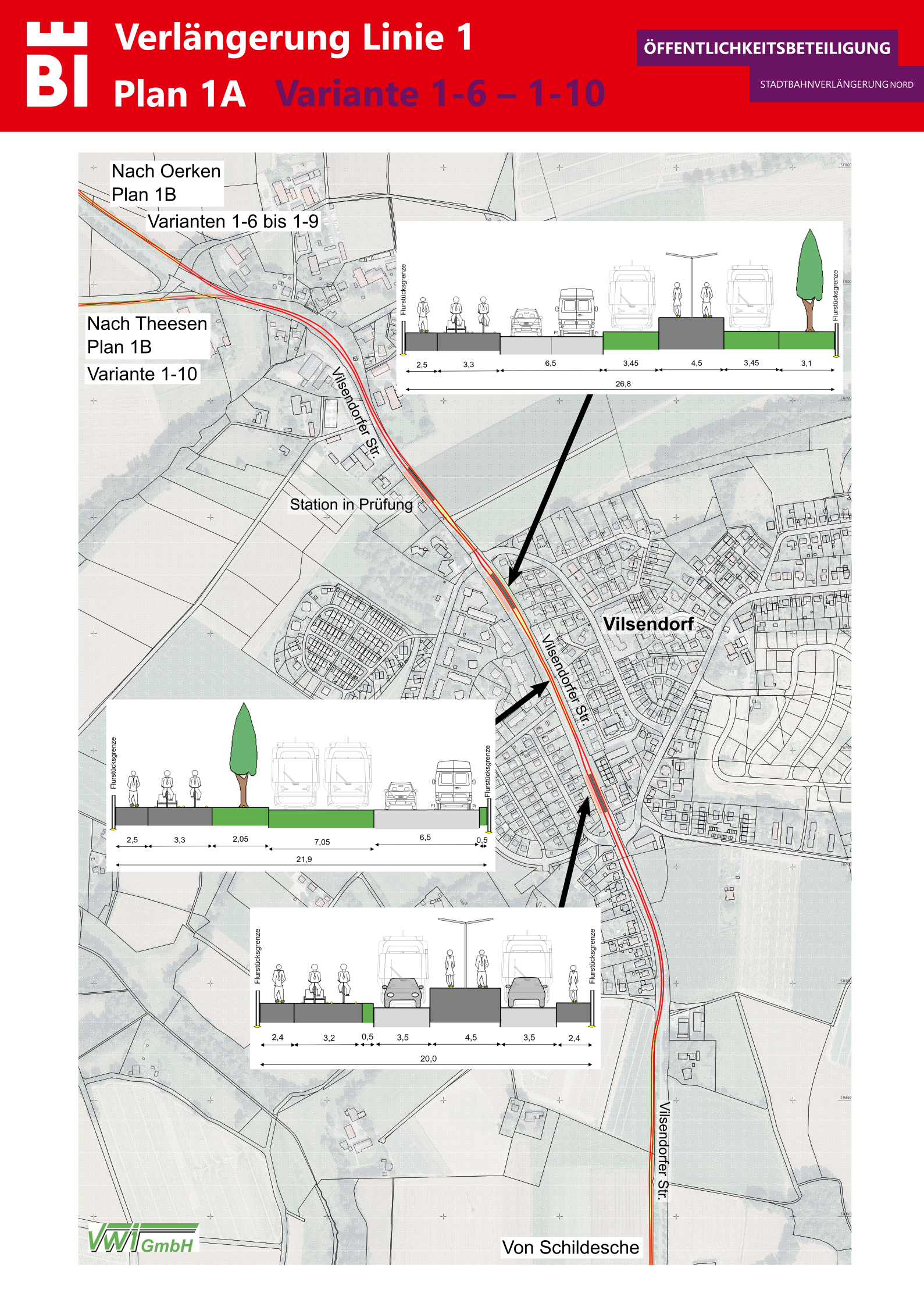 Der Plan 1A zeigt den möglichen Streckenverlauf sowie den Straßenquerschnitt für die Linie 1 entlang der Vilsdorfer Straße. Foto: Stadt Bielefeld