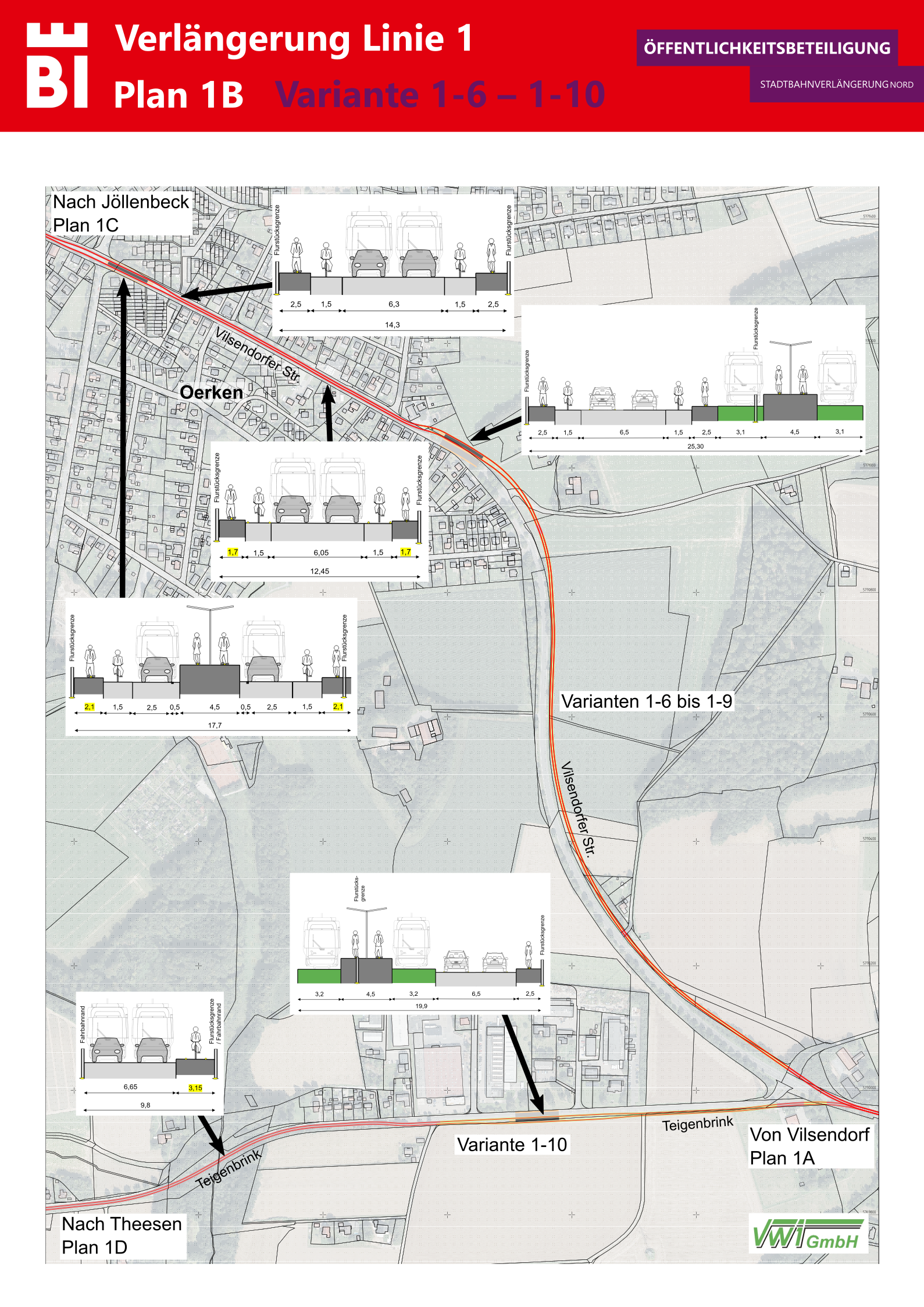 Der Plan 1A zeigt den möglichen Streckenverlauf sowie den Straßenquerschnitt für die Linie 1Richtung Jöllenbeck. Foto: Stadt Bielefeld