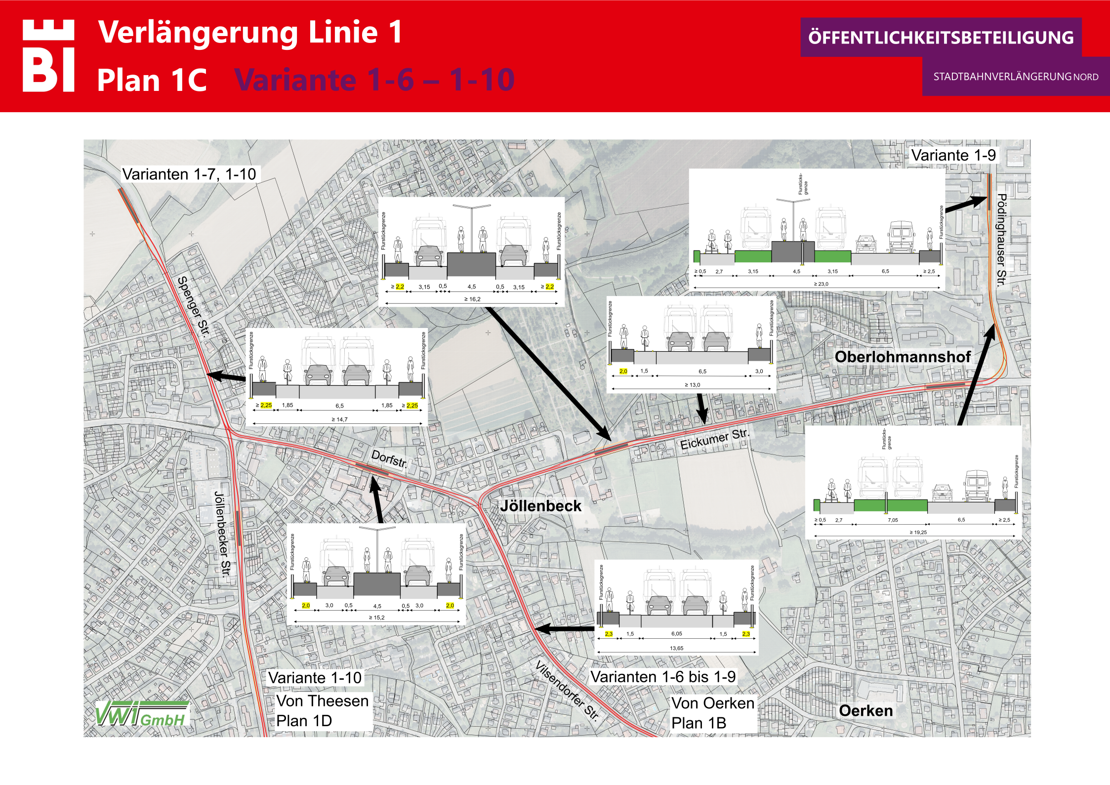 Der Plan 1C zeigt den möglichen Streckenverlauf sowie den Straßenquerschnitt für die Linie 1 in Jöllenbeck. Foto: Stadt Bielefeld