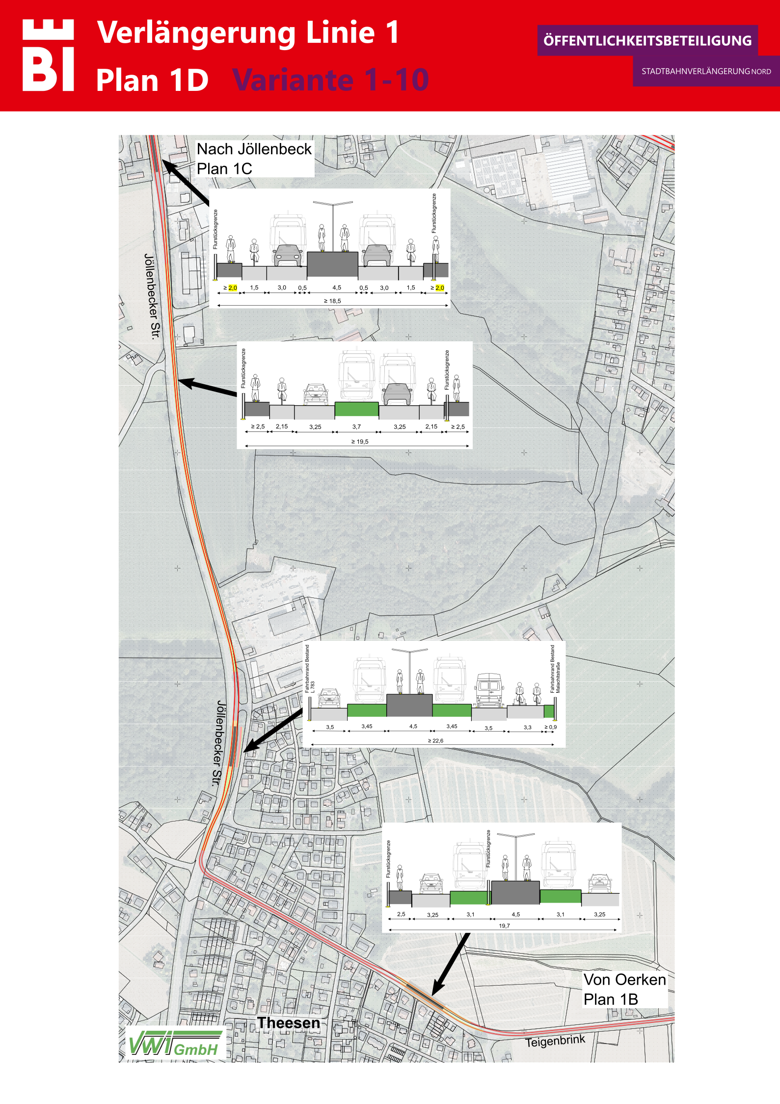 Der Plan 1D zeigt den möglichen Streckenverlauf sowie den Straßenquerschnitt für die Linie 1 entlang der Jöllenbecker Straße. Foto: Stadt Bielefeld