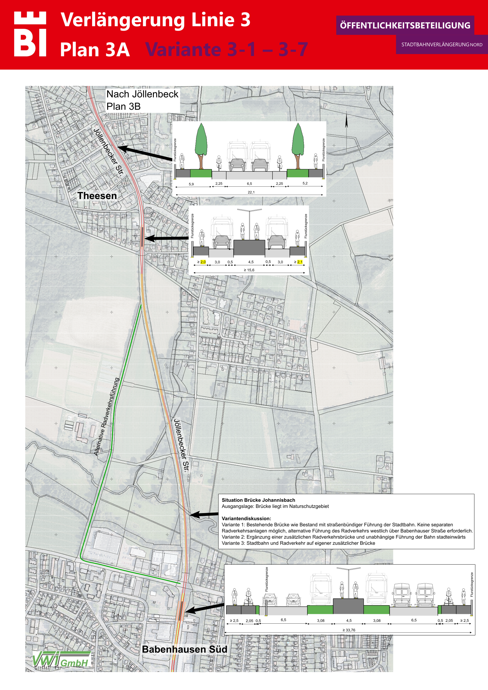 Der Plan 3A zeigt den möglichen Streckenverlauf sowie den Straßenquerschnitt für die Linie 3 entlang der Jöllenbecker Straße. Foto: Stadt Bielefeld