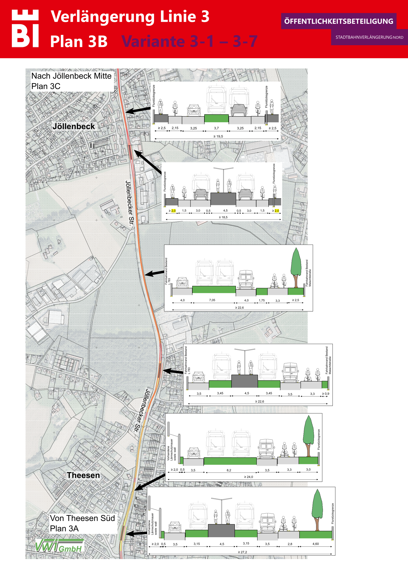 Der Plan 3B zeigt den möglichen Streckenverlauf sowie den Straßenquerschnitt für die Linie 3 von Theesen nach Jöllenbeck. Foto: Stadt Bielefeld