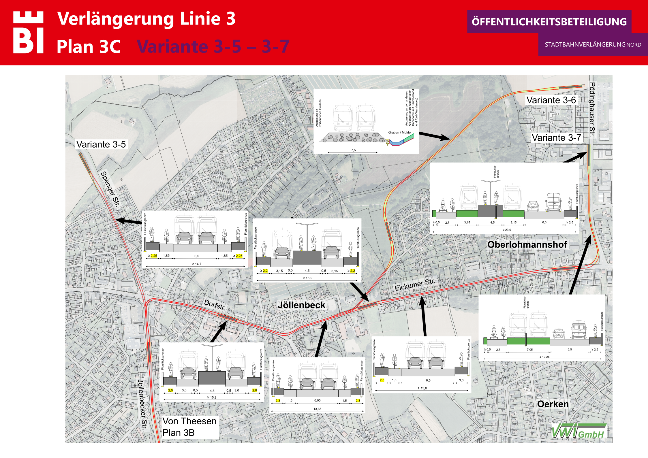 Der Plan 3C zeigt den möglichen Streckenverlauf sowie den Straßenquerschnitt für die Linie 3 in  Jöllenbeck. Foto: Stadt Bielefeld