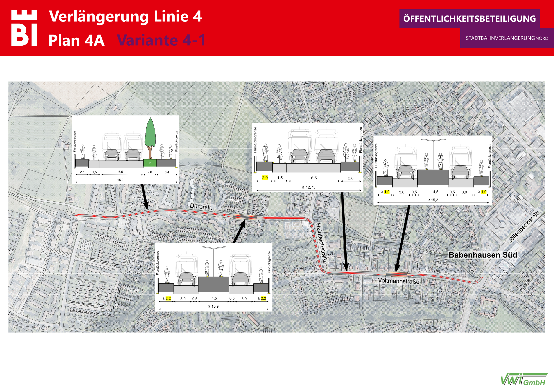 Der Plan 4A zeigt den möglichen Streckenverlauf und Straßenquerschnitt für die Linie 4 in Babenhausen Süd - entlang Dürerstraße-Hainteichstraße-Voltmannstraßen. Foto: Stadt Bielefeld