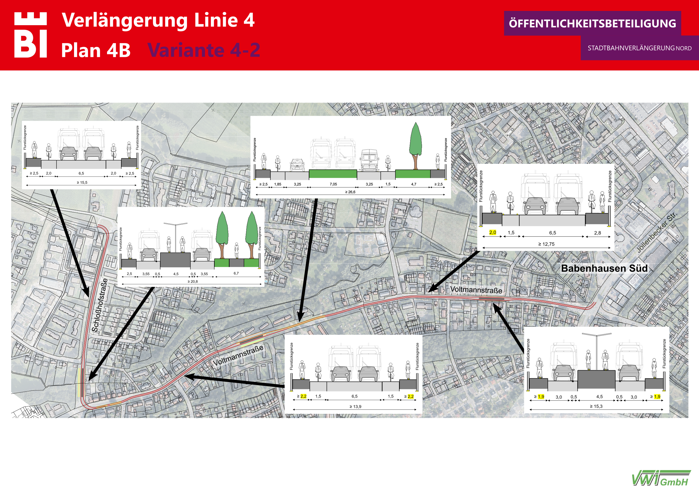 Der Plan 4B zeigt den möglichen Streckenverlauf und Straßenquerschnitt für die Linie 4 in Babenhausen Süd - entlang der Voltmannstraße-Schloßhofstraßn. Foto: Stadt Bielefeld