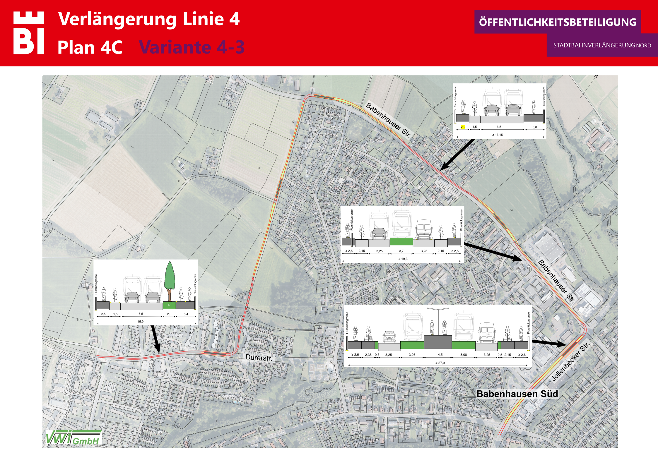 Der Plan 4C zeigt den möglichen Streckenverlauf und Straßenquerschnitt für die Linie 4 in Babenhausen Süd - entlang der Babenhauser Straße. Foto: Stadt Bielefeld
