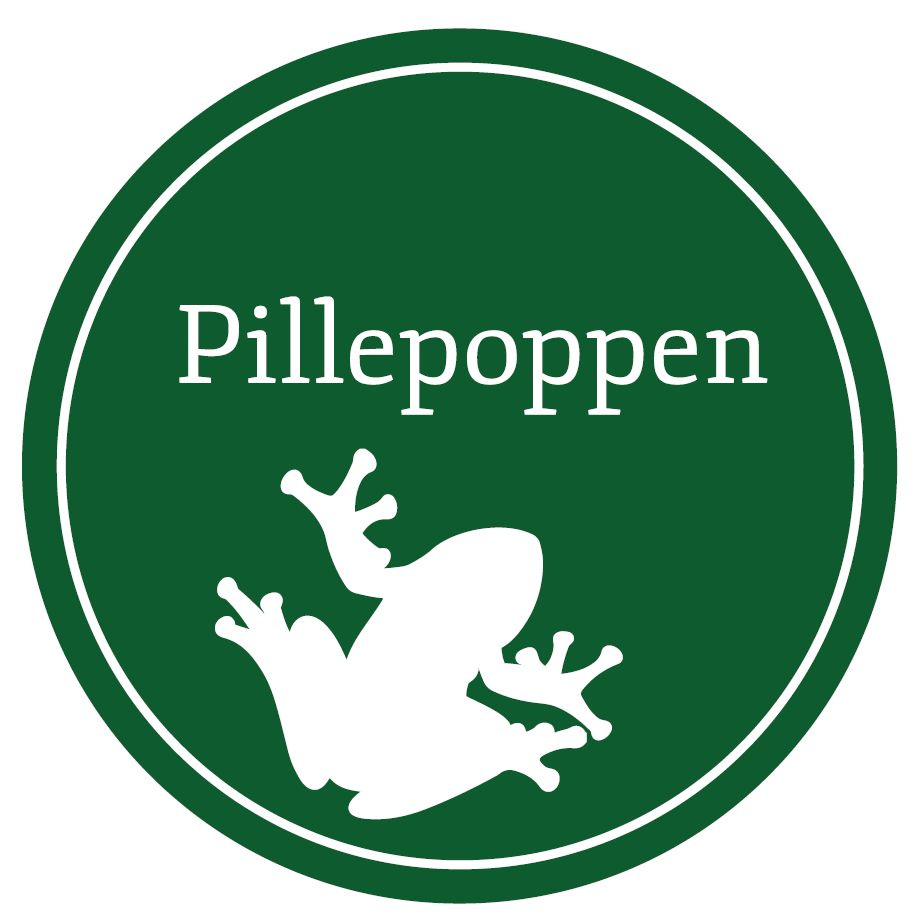Logo Pillepoppen: rund, auf grünem Grund eine Frosch-Silhouette ganz in weiß und darüber das Wort Pillepoppen