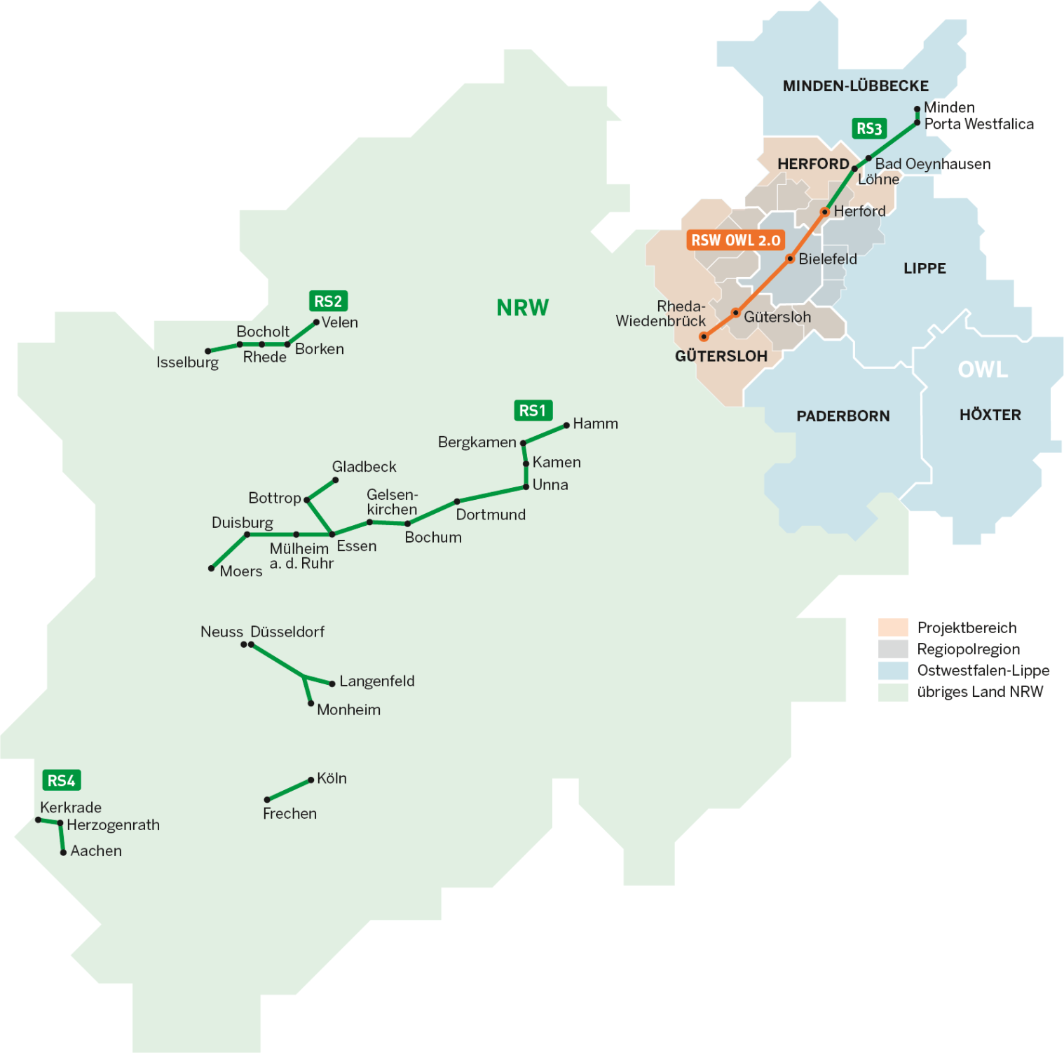 Aktuelle Radschnellwegprojekte in Nordrhein-Westfalen. Der Radschnellweg RS3 wird den Wirtschaftsraum von OWL erschließen. (Design-Gruppe)