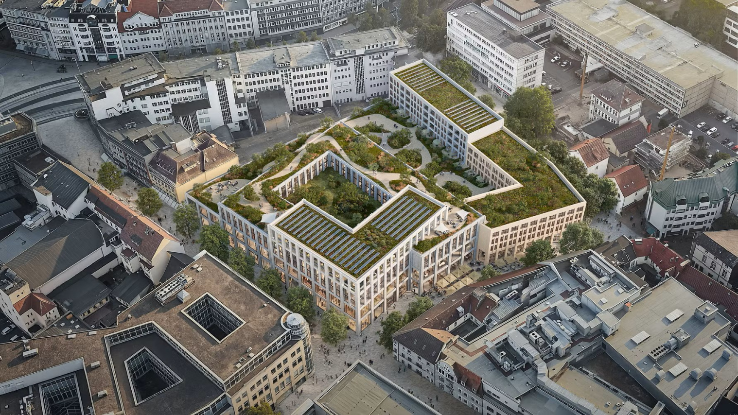 Das neue Karstadt-Areal in Bielefeld überführt das monolithische Warenhaus in ein modernes, urbanes Gebäudeensemble. Copyright: Architekturbüro caspar.