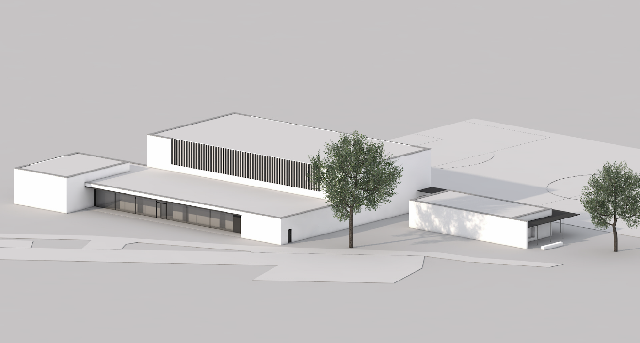 Visualisierung der neuen Sporthalle Benzstraße (Süd-Ost-Ansicht)