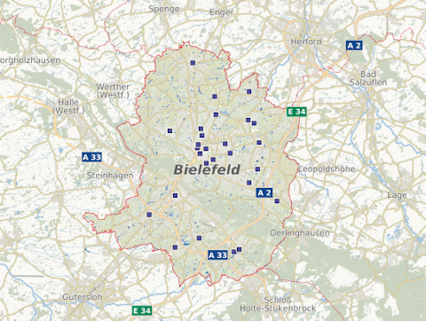 Karte der Kinder- und Jugendtreffs in Bielefeld