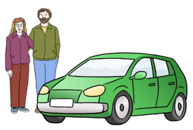 Grafik auf der zwei Personen zu sehen sind, die neben einem grünen auto stehen.