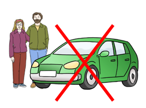 Grafik auf der zwei Personen zu sehen sind, die neben einem grünen auto stehen. Das Auto ist mit einem roten x durchgestrichen.