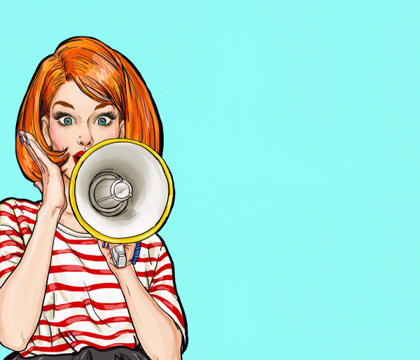 Frau im Comic-Stil hält ein Megafon vor ihren Mund