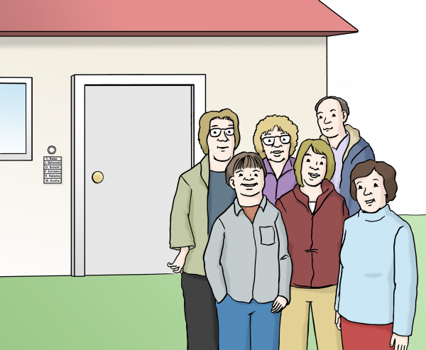 Grafik von einer Gruppe Menschen, die vor einem Haus stehen