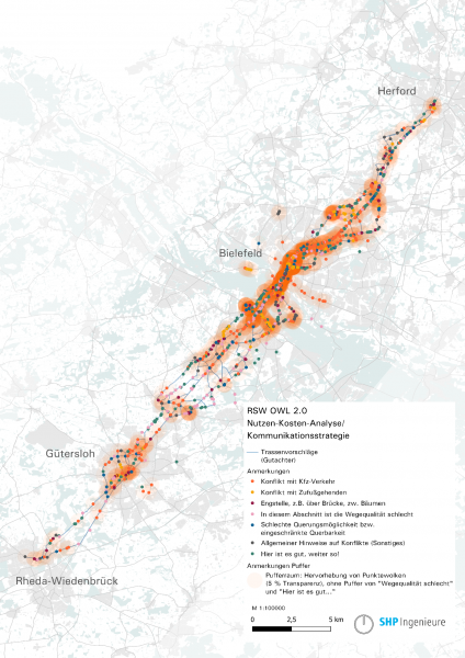 Eine sogenannte „Heatmap“ zeigt, wo Anmerkungen gehäuft auftreten. Entlang der Bundesstraßen ist das deutlich zu sehen.