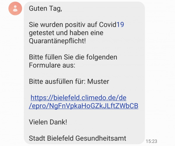 Eine solche SMS erhalten Bielefelder*innen, die positiv auf das Coronavirus getestet wurden.