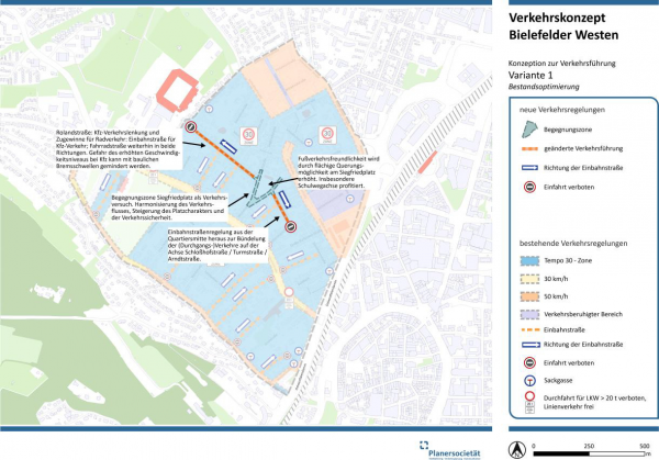 Die Grafik zeigt die Planungsvariante 1, bei der lediglich der Bestand im Quartier optimiert würde.