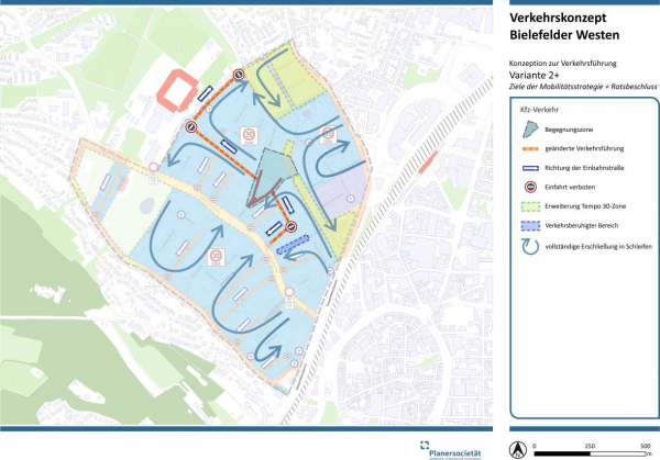 Die Grafik zeigt die Schleifen, die bei der Variante 2+ aufgrund der Einbahnstraßen innerhalb des Quartiers gefahren werden müssten.