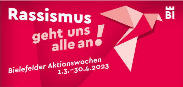 Schrift auf farbigem Hintergrund: "Rassismus geht uns alle an!"