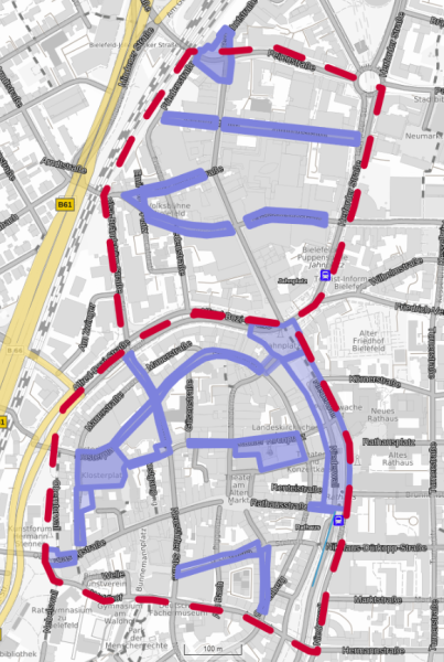 Eine Karte der Bielefelder Innenstadt, in der die Zonen der Passantenfrequenzmessung markiert sind.