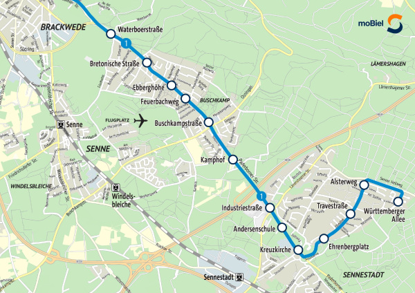 Auf einem stilisierten Stadtplan wird die geplante Verlängerung der Linie 1 gezeigt