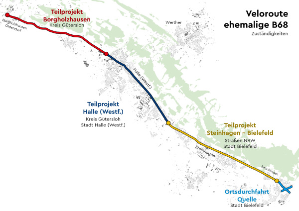 Die komplette Strecke der Veloroute mit den Teilprojekten entlang der ehemaligen B68