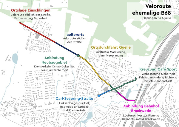 Die Übersichtskarte zeigt im Zuge der Veloroute (ehem. B68) die Verkehrsmaßnahmen für Quelle