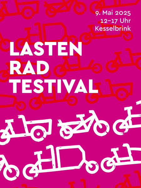 Lastenrad Testival. Farrad-Icons auf rot-lila Hintergrund.