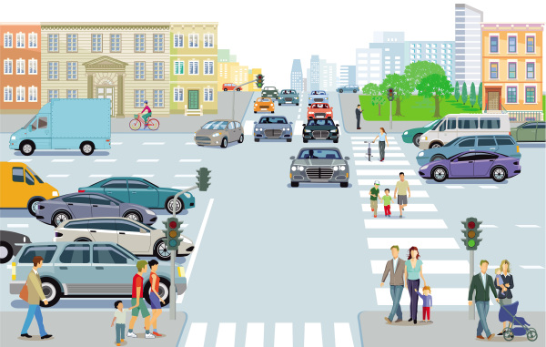 Grafik Straßenverkehr mit Fußgängern 