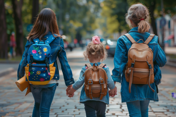 Drei Mädchen gehen Hand in Hand zur Schule