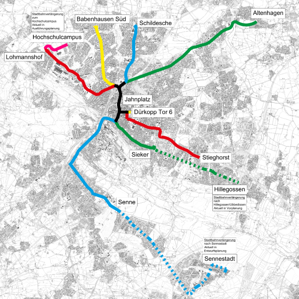 Die Übersichtskarte zeigt mögliche Verlängerungen der Stadtbahnen nach Hillegossen und Sennestadt. Grafik: Stadt Bielefeld