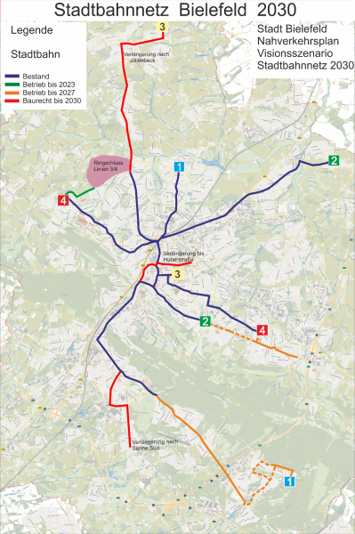Die Übersichtskarte zeigt das geplante StadtBahn-Netz in Bielefeld bis 2030. Grafik: Stadt Bielefeld