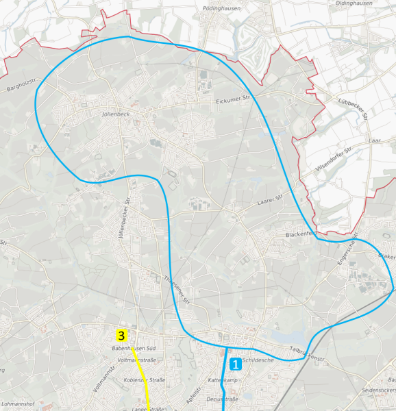 Die Karte zeigt das Gebiet, das für die Verlängerung der Linie 1 Richtung Norden infrage kommt. Grafik: Stadt Bielefeld