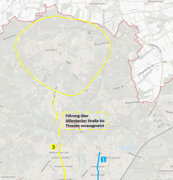 Die Karte zeigt das Gebiet, das für die StadtBahn-Verlängerung der Linie 3 Richtung Norden infrage kommt. Grafik: Stadt Bielefeld