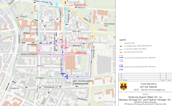 Eine Verkehrsinsel auf der Höhe Brunnenstraße/Webereistraße soll Fußgängern und Radfahrern helfen, die August-Bebel-Straße leichter und sicherer zu überqueren. Für Autos ändern sich damit die Fahrwege im Quartier nur ein wenig. Grafik: Stadt Bielefeld