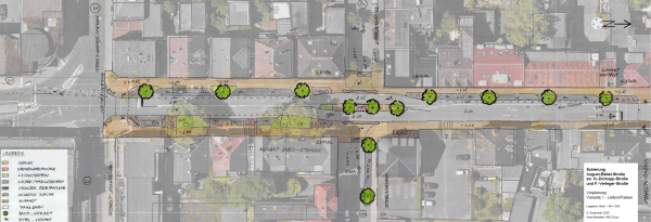 Der Lageplan zeigt den Vorentwurf der Variante 1 mit Parkplätzen und Bäumen für die August-Bebel-Straße. Foto: Stadt Bielefeld