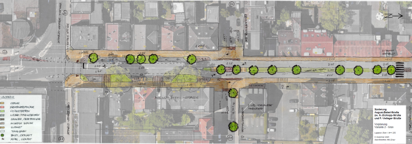 Der Lageplan zeigt den Vorentwurf der Variante 2 mit einem Grünstreifen und Bäumen für die August-Bebel-Straße. Foto: Stadt Bielefeld