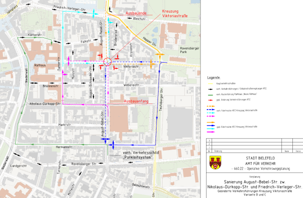 Der Kartenausschnitt zeigt die geänderte Kfz-Verkehrsführung - bei den Varianten B (Mittelinsel) und C (Ampel) ändern sich die Wege für Autos im Viertel ein wenig. Der Grund: Autos dürfen dort nicht mehr links abbiegen.