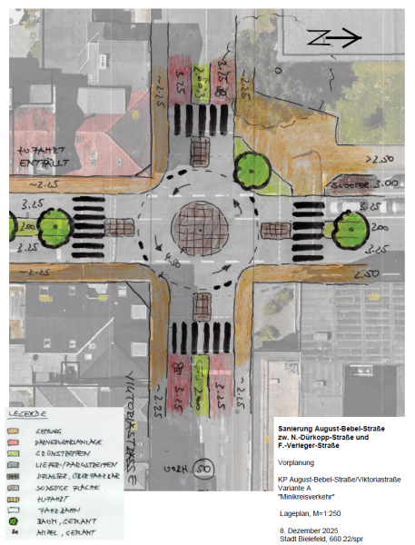 Die Variante A zeigt die Kreuzung Viktoriastraße/August-Bebel-Straße mit einem Minikreisverkehr. Grafik: Stadt Bielefeld