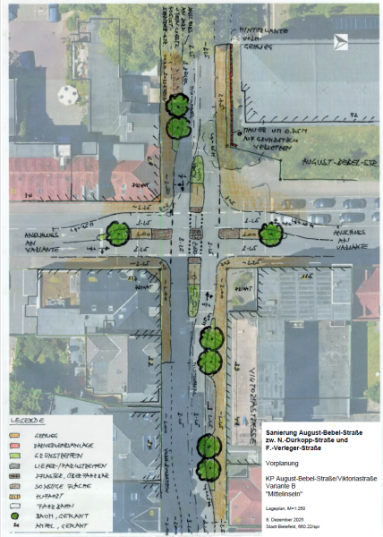 Die Variante B zeigt die Kreuzung Viktoriastraße/August-Bebel-Straße mit Mittelinseln. Grafik: Stadt Bielefeld
