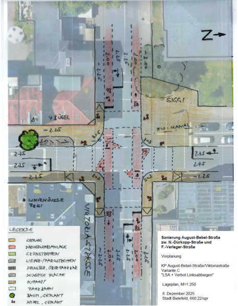 Die Variante C zeigt die Kreuzung Viktoriastraße/August-Bebel-Straße mit einer Ampel-Lösung. Grafik: Stadt Bielefeld
