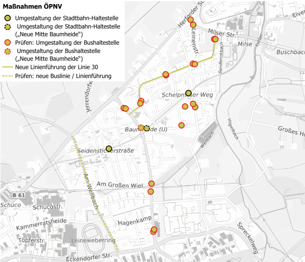 Die Grafik zeigt die geplanten ÖPNV-Maßnahmen im Verkehrskonzept für Bus und Stadtbahn. Grafik: Stadt Bielefeld/mobildenker