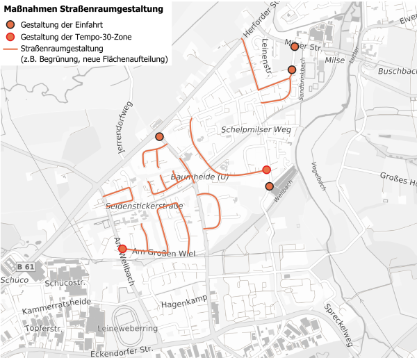 Die Grafik zeigt die vorgeschlagenen Maßnahmen im Verkehrskonzept zur Umgestaltung des Straßenraums. Grafik: Stadt Bielefeld/mobildenker