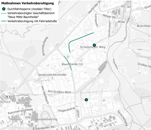 Die Grafik zeigt die geplanten Maßnahmen im Verkehrskonzept zur Verkehrsberuhigung. Grafik: Stadt Bielefeld/mobildenker