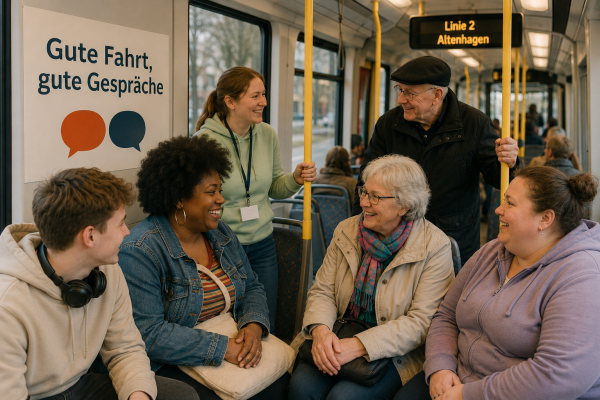 Personen unterhalten sich in der Stadtbahn