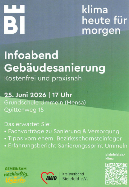 Kostenfreier Infoabend „Gebäudesanierung“ am 25. Juni 2026 um 17 Uhr in der Mensa der Grundschule Ummeln.