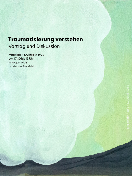 Schwarzer Boden mit grünen Himmel und mintfarbener Wolke mit Infos zur Veranstaltung