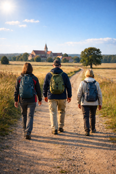 eine Gruppe aus drei wandernden Personen, aufgenommen von hinten, auf einem Pilgerweg